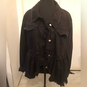 Free people Willow black denim peplum raw hem lace up cuff jacket